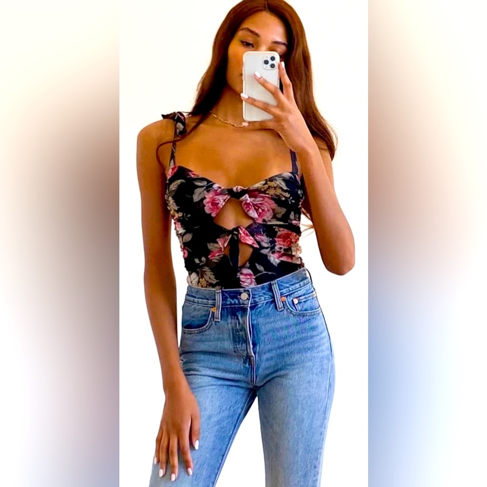NWT…Keep Blooming Black Floral Print
Mesh Knotted Tie-Strap Bodysuit
